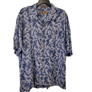 Lord & Taylor Mens XXL Blue White Leaf Print Short Sleeve Button Up Shirt